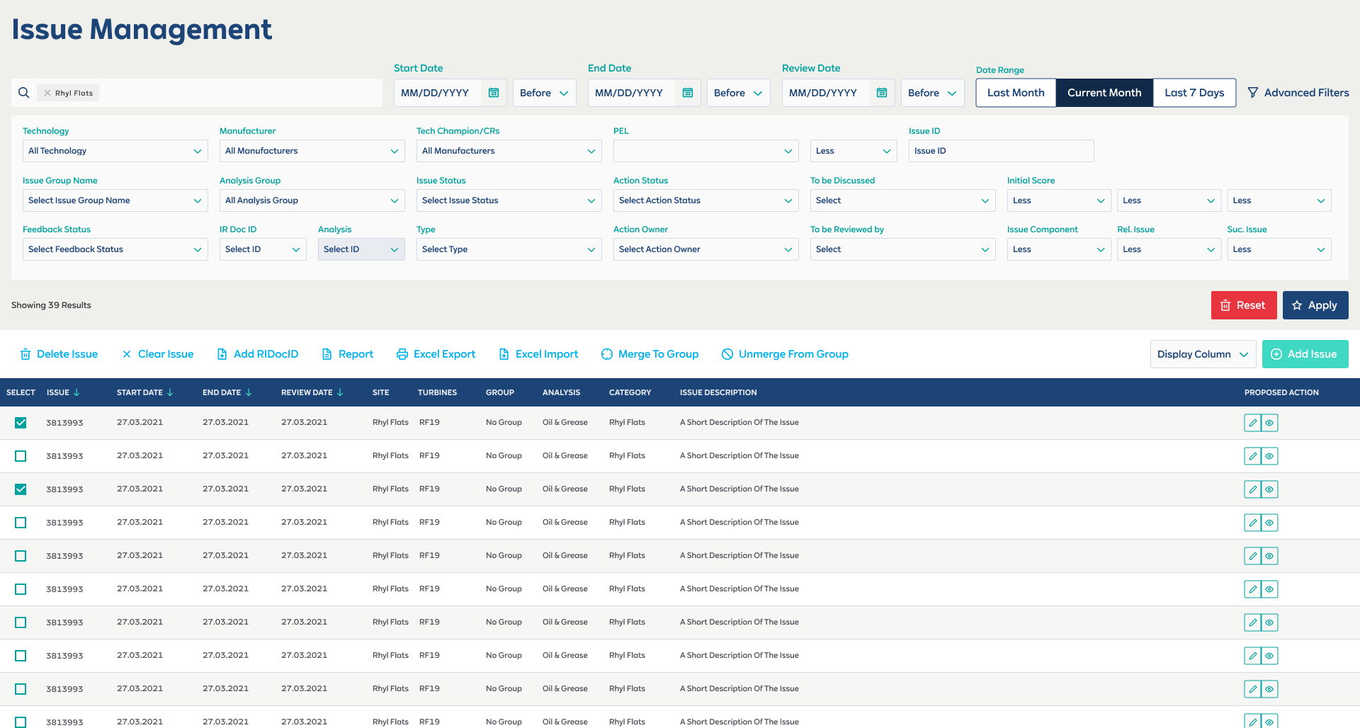 Before Delphi — Issue Management interface with all filter parameters exposed at once, overwhelming for ad-hoc analysis